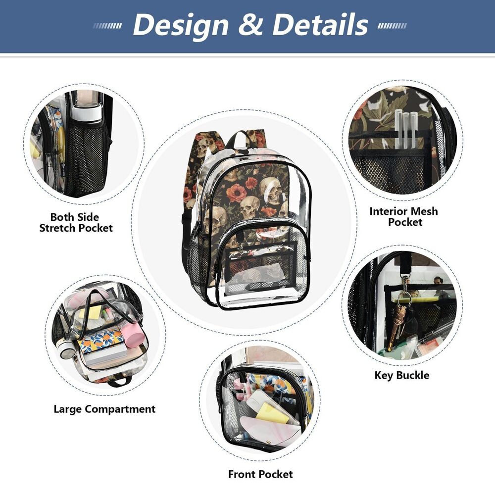 4135 Retro Skull Flowers Clear Backpack PVC Transparent Causal Daypack - Picture 5 of 6